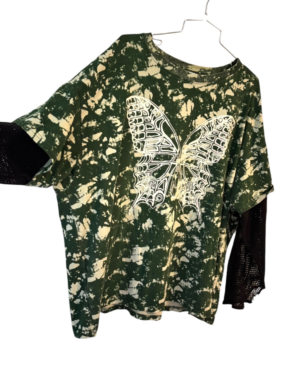 Daisy Street Green Tie-Dye Butterfly Layered Tee Mesh Sleeves Size 1X